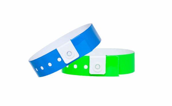 Blue and green vinyl wristbands with a secure white plastic snap. Durable wrist identifiers for events and hotels. Manufacturer AMGS Group.