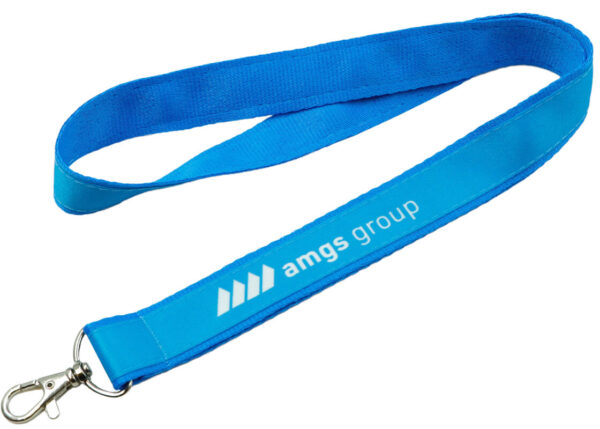 Custom double-layer lanyard with carabiner (polyester webbing underneath and a sublimation-printed top layer). Available from AMGS Group.