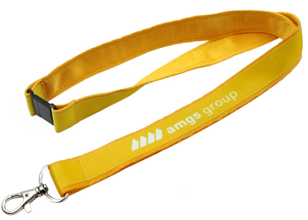 Double-layer yellow lanyard with sublimated top strap and safety breakaway clasp, finished with a carabiner, from AMGS Group.