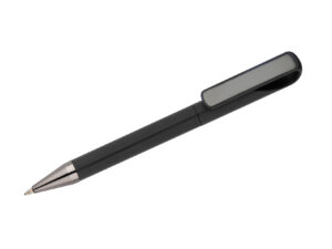 Stylo TENO personnalisé avec logo, soft touch, mécanisme rotatif, 3 couleurs, gravure sur plaque décorative.